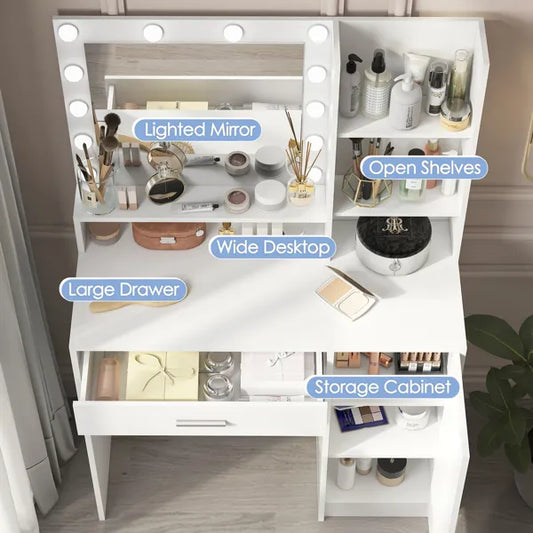 Vanity Desk With Mirror & Light, Large Drawer Three Level Storage Dresser, 3 Lighting Modes Adjustable Brightness, Bedroom Dressing Table(white)