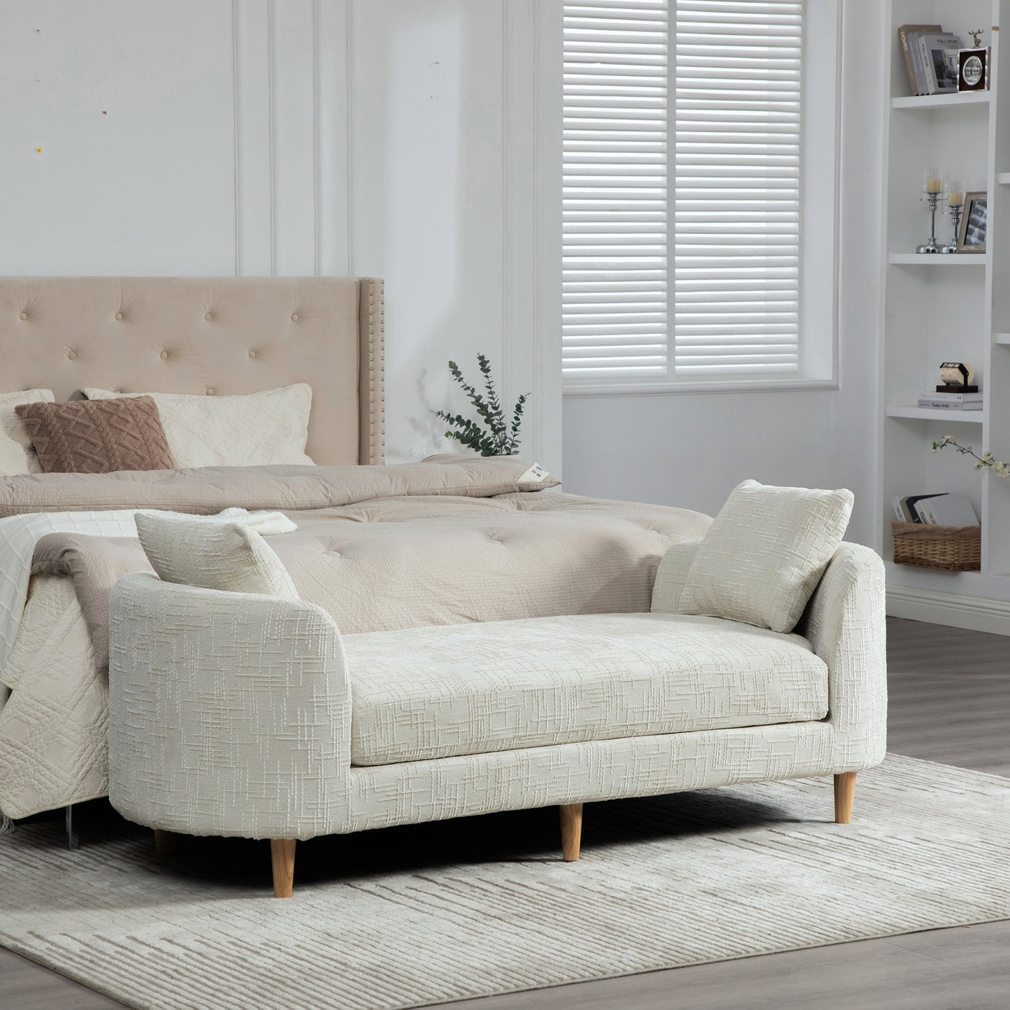 77.17 Wide Modern Upholstered End Of Bed Bench With Armrests, Chenille Chaise Lounge Couch With 2 Bolster Pillows, Daybed With Rubberwood Legs For Living Room,Bedroom,Apartment,Guestroom,BEIGE