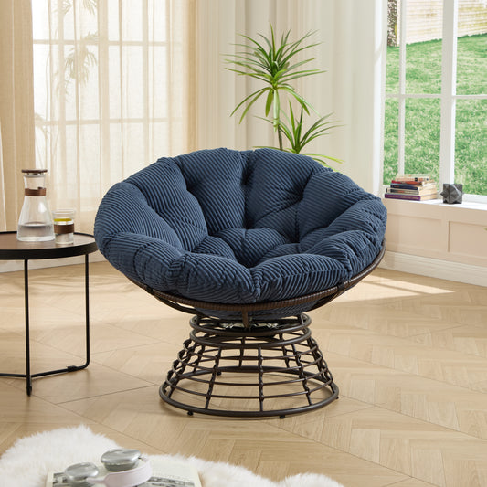 Comfortable Ergonomic Wicker Papasan Chair, 360 Swivel Indoor Outdoor Rattan Chair With Soft Thick Cushion, Ideal For Living Room, Bedroom, Reading Room, Brown Frame With Navy Blue Cushion