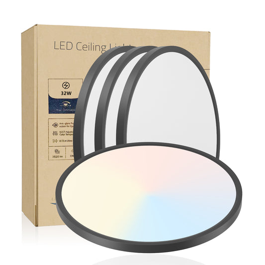 4 PACK Flush Mount LED Ceiling Light Fixture Black, 16Inch 32Watt, Dimmable & 5 Color Selectable Ceiling Lamp 3520LM Low Profile Ceiling Light For Kitchen Bedroom Hallway Porch