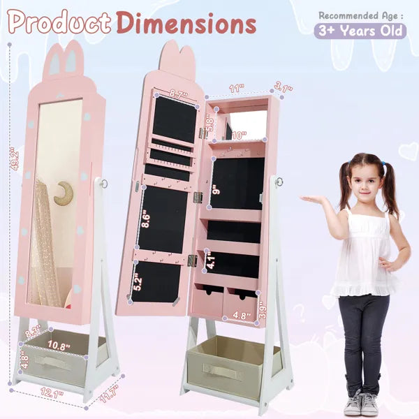 Pink Rabbit-themed MDF Cabinet With Spray Paint Finish, 1 Door And 1 Drawer, Children's Jewelry And Mirror Cabinet