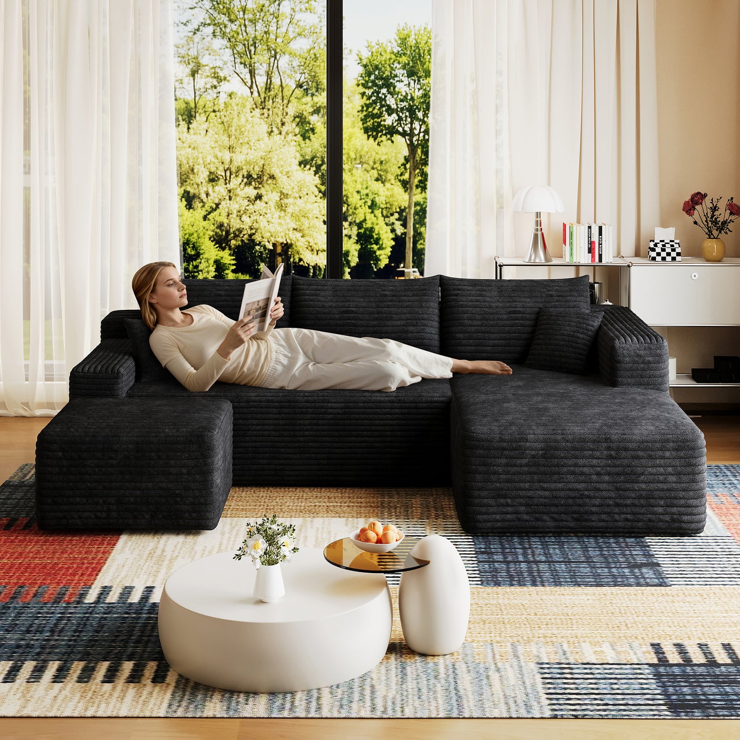 95  Cloud Sectional Sofa With 1 Ottoman,Modern Minimalist Upholstered Couches, Comfort U Shaped Sofa For Living Room,Deep Seat Corner Couch,No Assembly Required,Black  Plush Corduroy Fabric