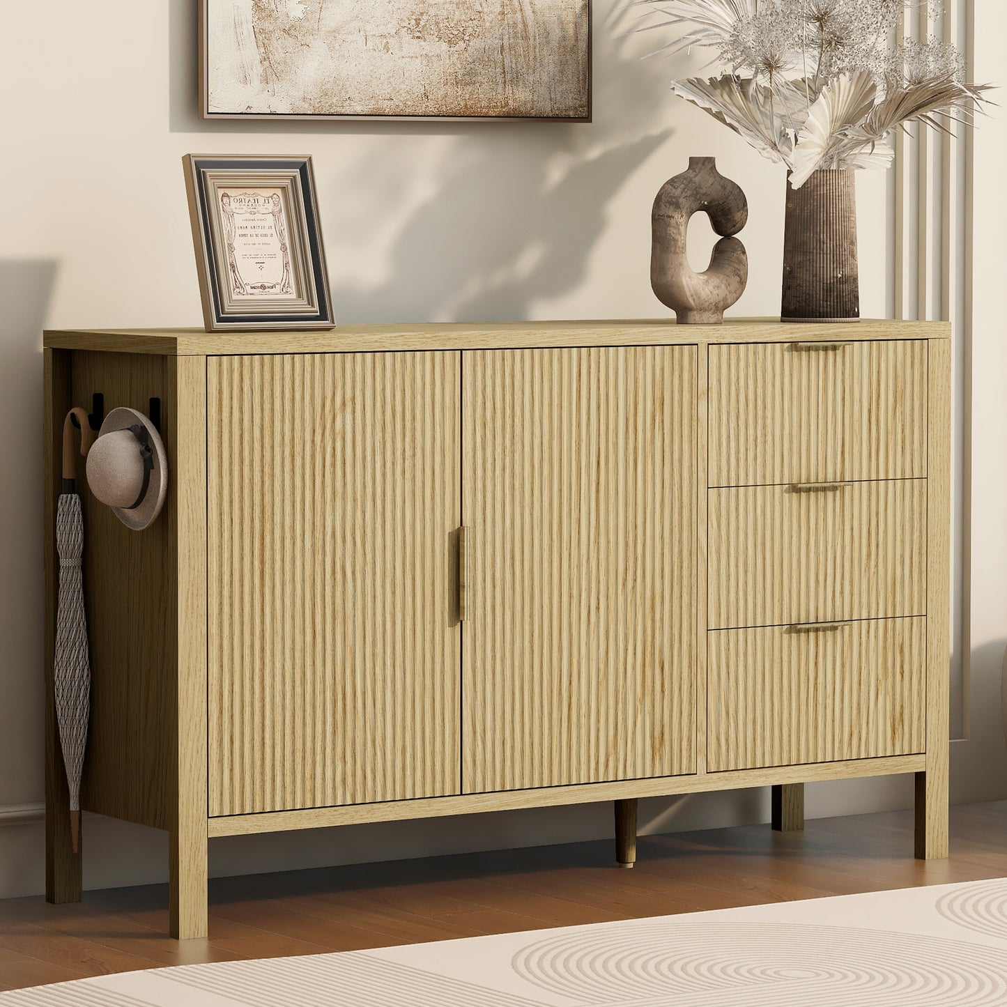 U- Style Modern Wave- Pattern Sideboard With 3 Drawers  Large Storage Buffet Cabinet With Hooks And Extra Center Leg Suitable For Living Room Entryway Hallway.