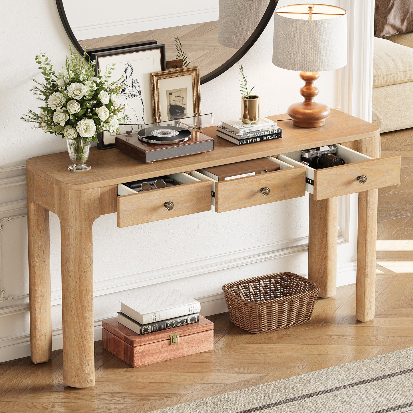 TREXM Rustic Console Table With Curved Corners For Safety  Entryway Table With 3 Concealed Drawers  Sturdy Sofa Table With Thick Legs For Hallway & Living Room  Light Oak