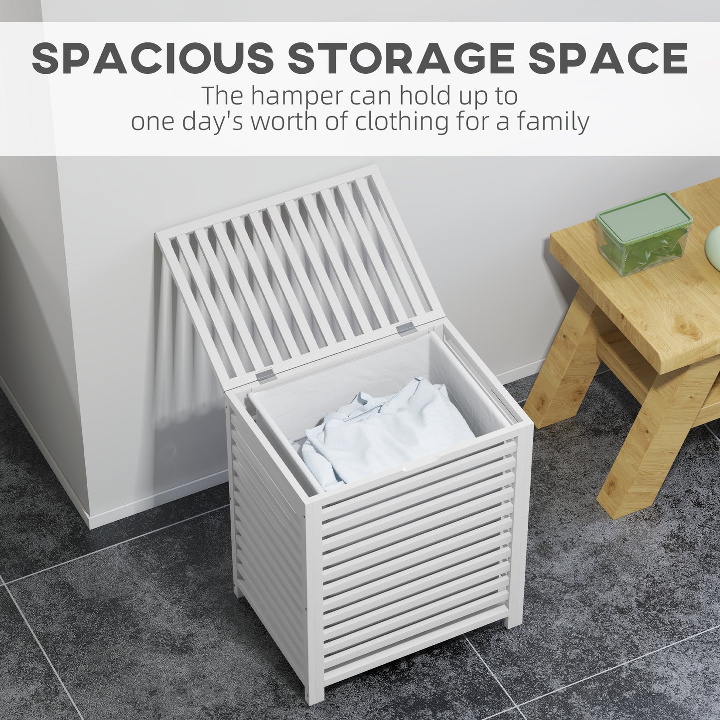 55 L Bamboo Laundry Basket With Lid, Cloth Hamper With Removable Liner Bag, 19.75 X 14.25 X 23.5 Inches, White
