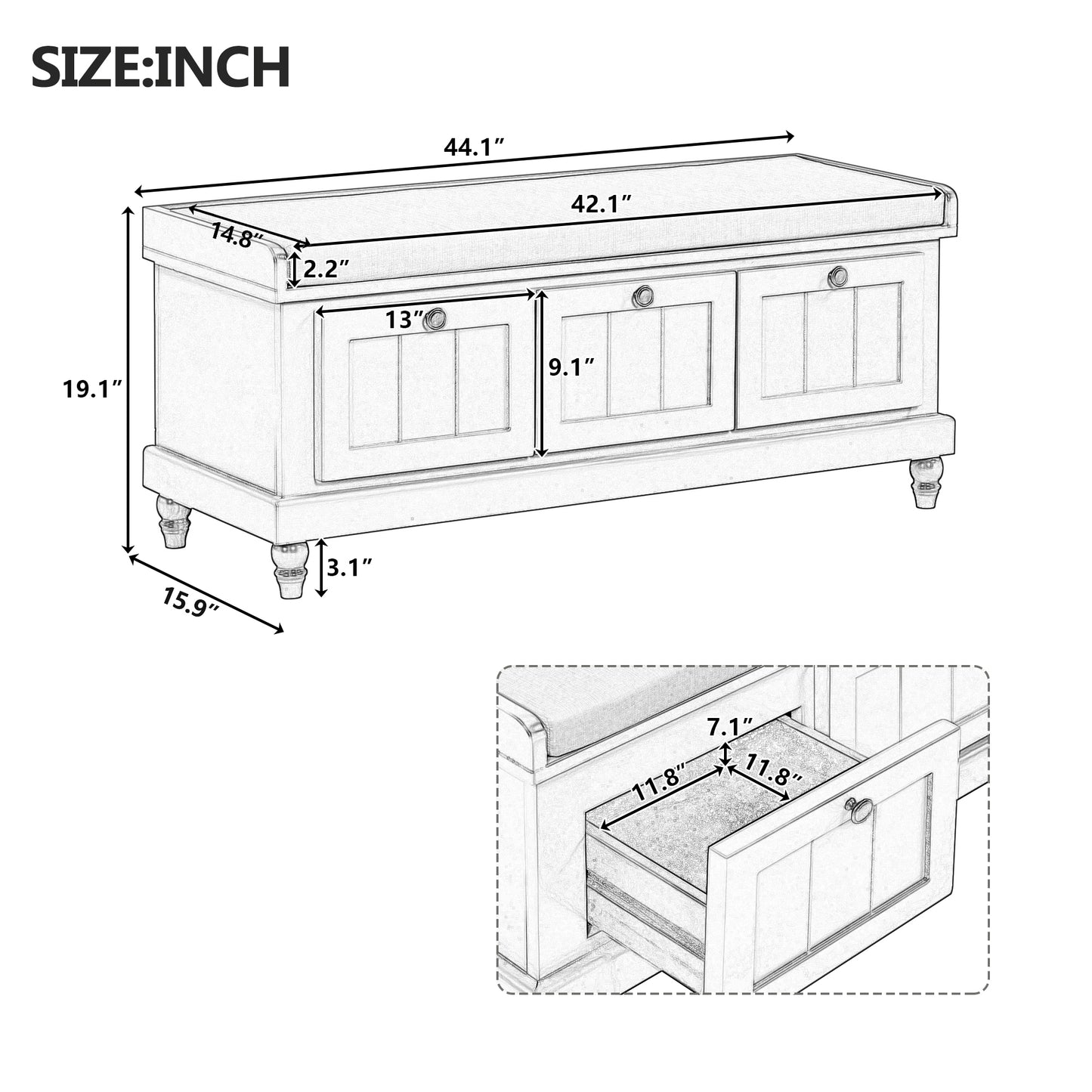 TREXM Classic Shoe Bench With Cushion And Three Drawers  Fluted Entryway Bench With Storage For Living Room  Entryway  And Hallways  Light Gray