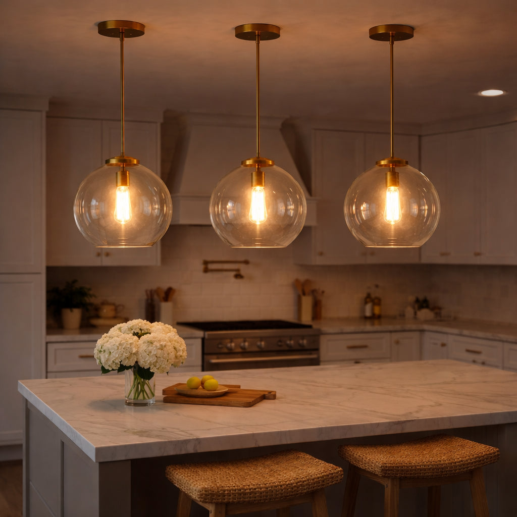 Gleam Single Light Pendant Lamp With Clear Globe Glass - Satin Brass