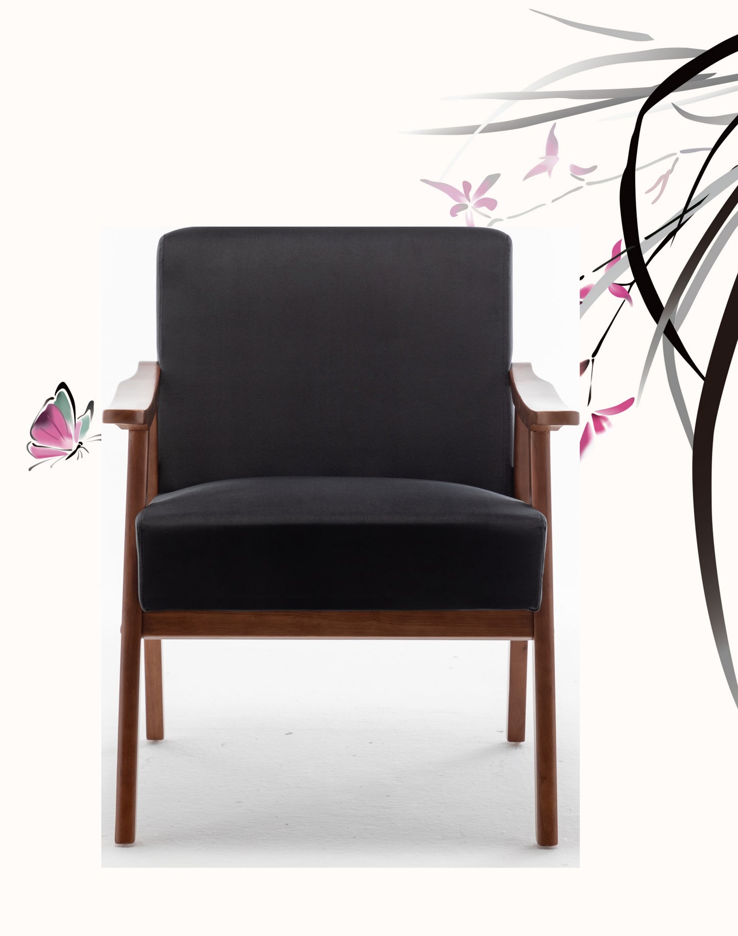 Accent Chair With Velvet Upholstery And Solid Wood Frame, Classic Mid-Century Modern Living Room Furniture For Extra Seating, Black