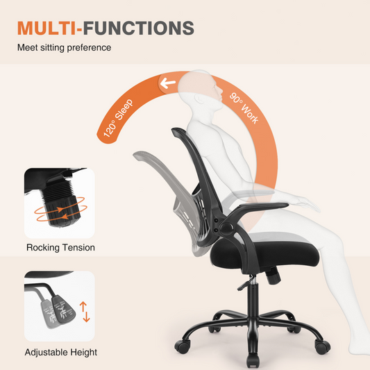 Home Office Computer Chair - Ergonomic Mid Back Desk With Lumbar Support And Rocking Mode, Height Adjustable With Fixed Armrest