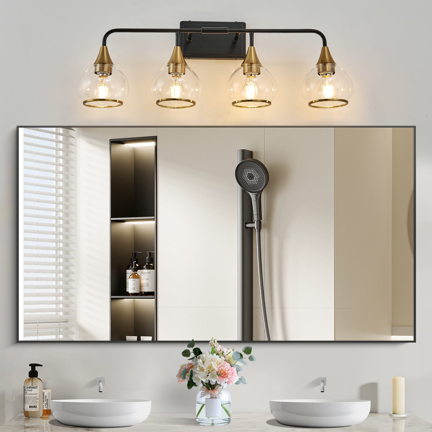 31 Modern 4-Light Vanity Wall Sconce - Black And Gold Bathroom Light Fixture With Clear Glass Shades, Industrial Wall Mounted Lamp For Mirror, Vanity, And Living Spaces Bulb Not Included
