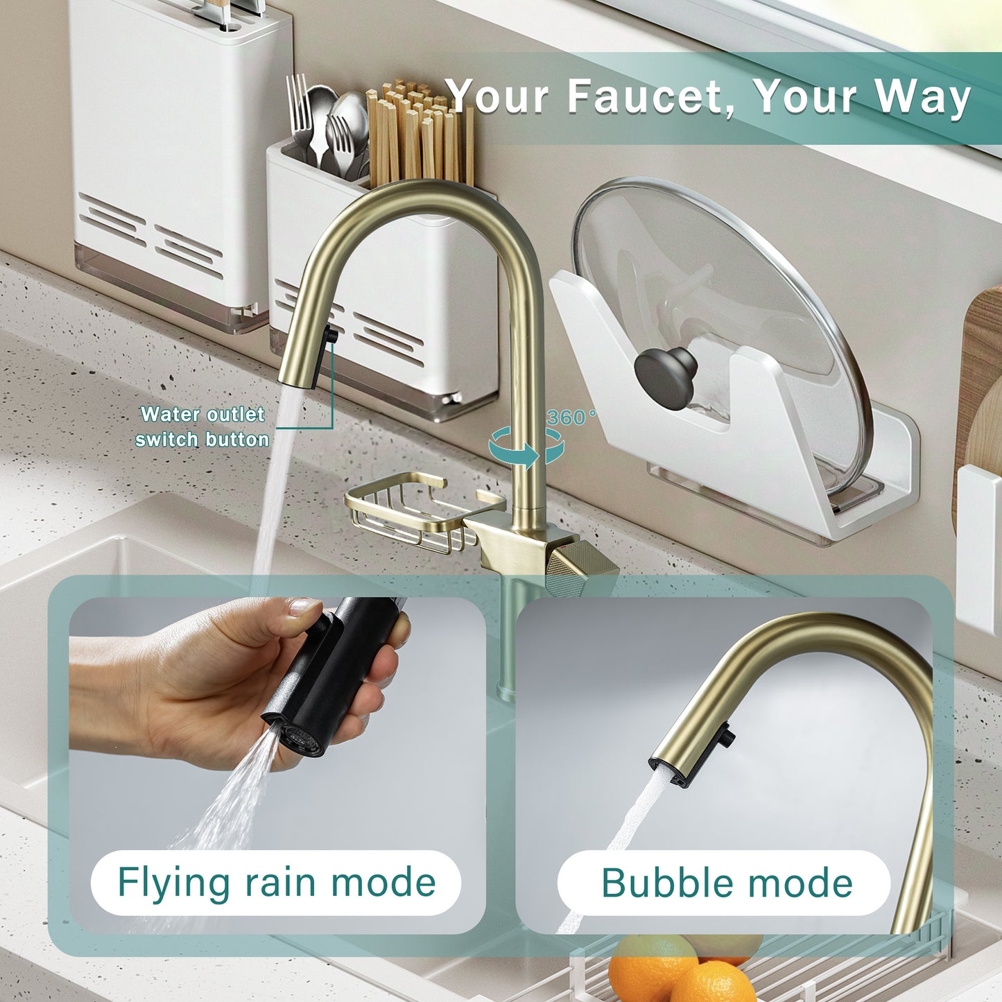 High Arc Pull-Down Kitchen Faucet - Single Hole Stainless Steel, Modern Sink Faucet  Brushed Gold