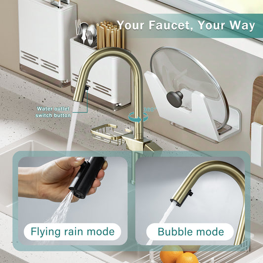 High Arc Pull-Down Kitchen Faucet - Single Hole Stainless Steel, Modern Sink Faucet  Brushed Gold