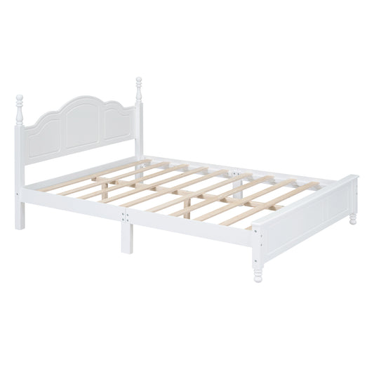 Queen Size Wood Platform Bed Frame,Retro Style Platform Bed With Wooden Slat Support,White