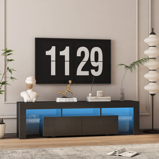 High Gloss TV Stand With LED Lights For TVs Up To 65'', Modern TV Console With Storage Cabinets For Living Room,Black