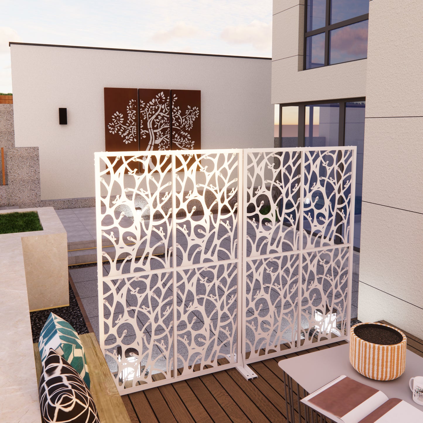 Metal Privacy Screens W3.8Ft X H6Ft Outdoor And Indoor Divider With Free Standing Decorative Privacy Screen For Balcony Patio Garden Room Divider, White Bird Shape