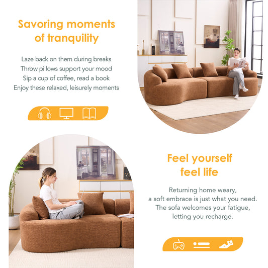 Compression Sponge Sofa Orange Curved Modular Sectional  30D High-Density Chenille Sleeper Couch For Apartment  Living Room 110L