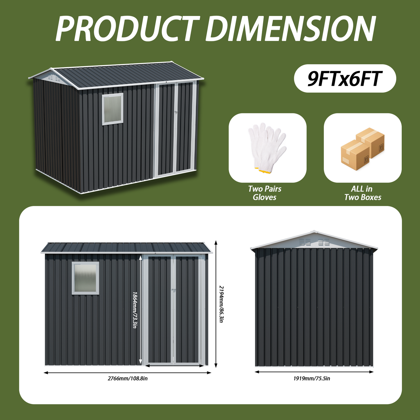 9x6 FT Metal Garden Shed With 1 Windows For Outdoors Patio  Hinge Doors Storage Sheds