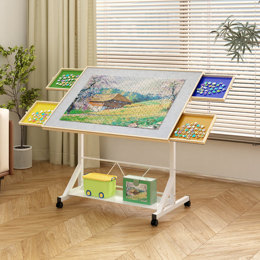 WHITE Wooden 1500 Piece Puzzle Table With Drawer, 35x27.17 Adjustable Puzzle Table, 360 Tilting Puzzle Table With Legs And Wheels, Adjustable Height And Angle, With Protective Cover