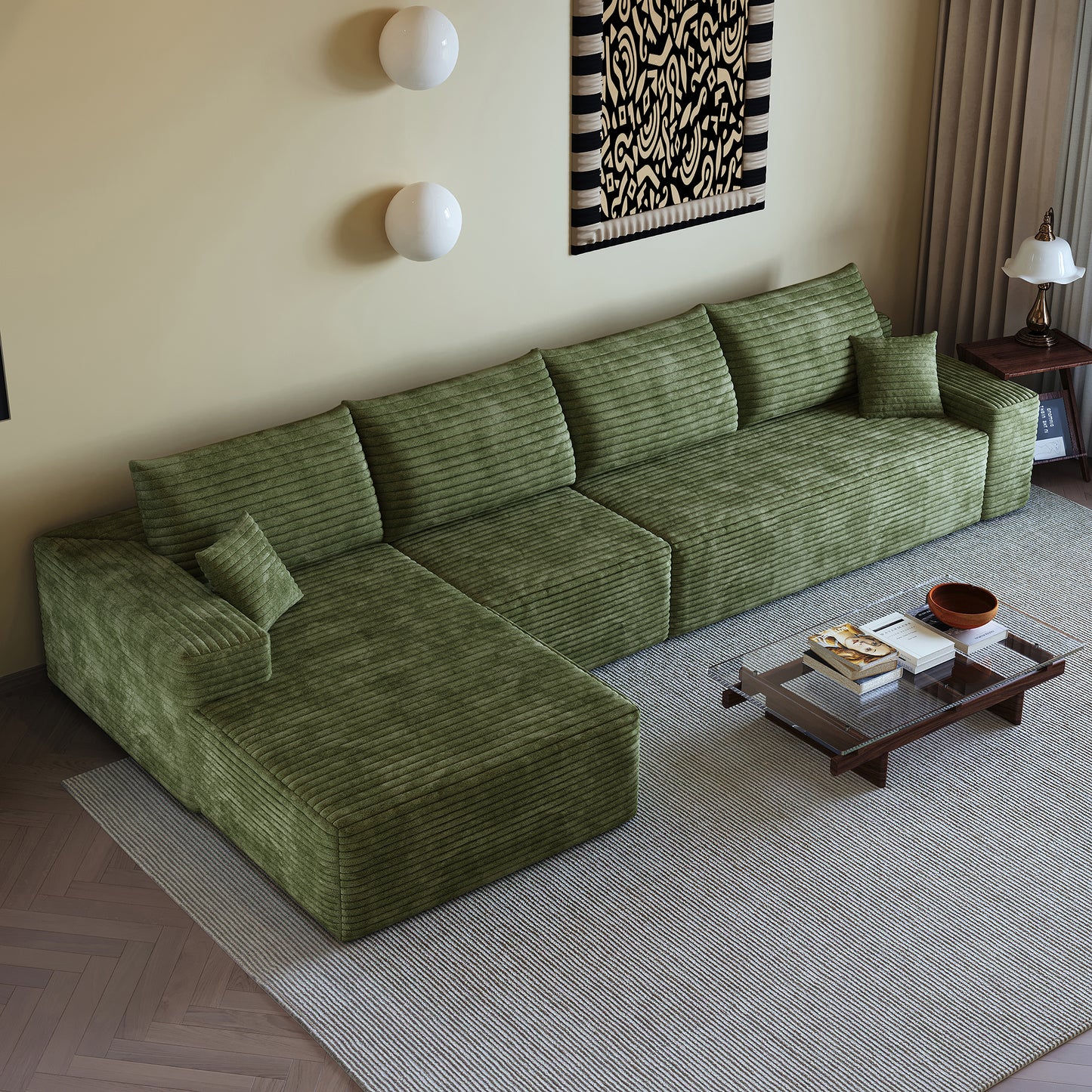 135  Cloud Sectional Couch With L-Shape Chaise,Modern Modular Sofa With Deep Seat, Upholstered Couches For Living Room Bedroom,No Assembly Required,  Plush Corduroy Fabric ,Green
