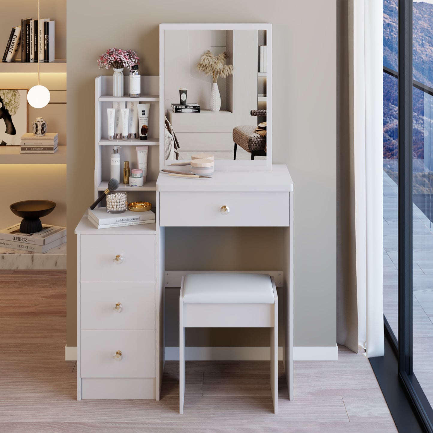 29.2 Small Space Left Bedside Cabinet Vanity Table  Cushioned Stool, Extra Large Right Sliding Mirror, Multi Layer High Capacity Storage, Practical Fashionable Dresser, EPA, GCC, UL Certificate