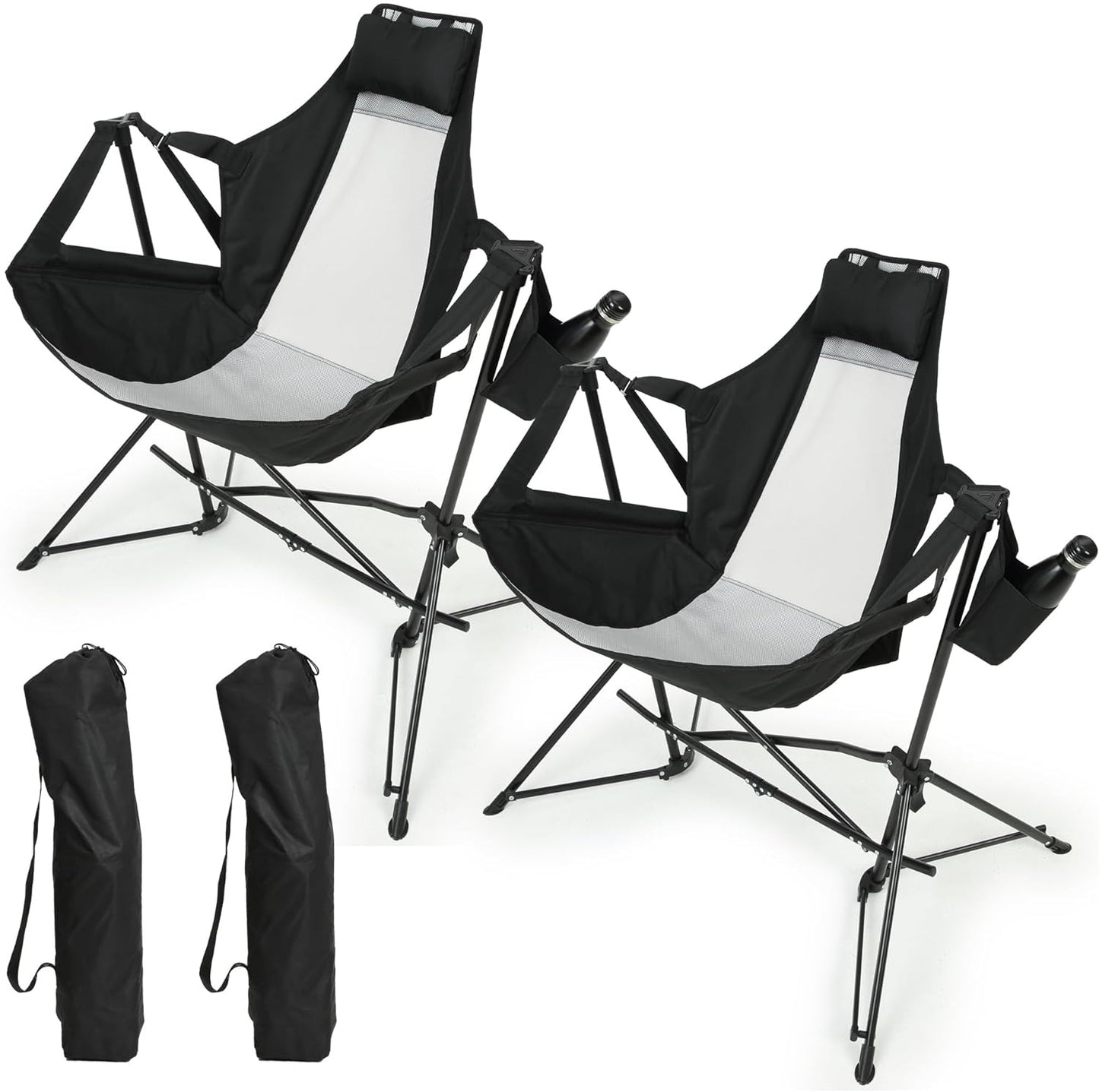Hammock Camping Chair, Folding Portable Rocking Chair, Aluminum Alloy Adjustable Back Swinging Chair With Pillow Cup Holder, Recliner With Carry Bag For Outdoor Travel Lawn Backyard, Black   2pcs