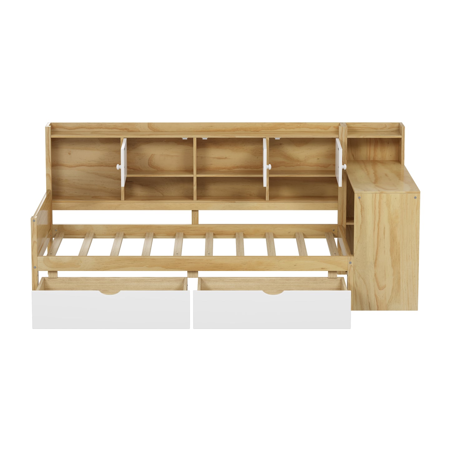 Wooden L-Shape Daybed With Seven Storage Cabinets And Two Storage Drawers, Multi-functional Bed With Study Desk And Built-in Bookshelf, Natural White