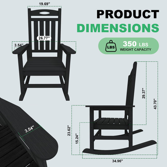 Outdoor Rocking Chair Set Of 2, HDPE Patio Rocking Chair For Adults, Oversized Outdoor Rocker For Porch Garden Lawn,Black