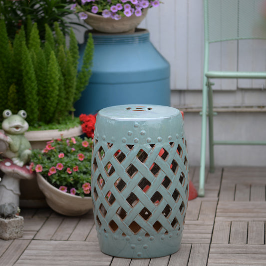 13" X 18" Ceramic Garden Stool With Woven Lattice Design & Glazed Strong Materials Decorative End Table, Antique Blue