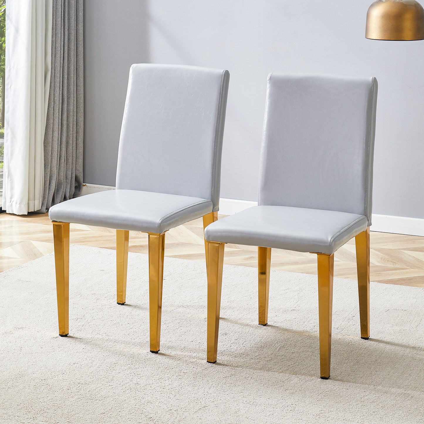 Set Of 2 Light Gray PU Dining Chairs,35.4in High, 18.5in Ergonomic Backrest, 17inx16in Sponge Seat, Perfect For Dining Room, Home Office & Living Space, Stylish & Comfortable.Golden Metal Leg.