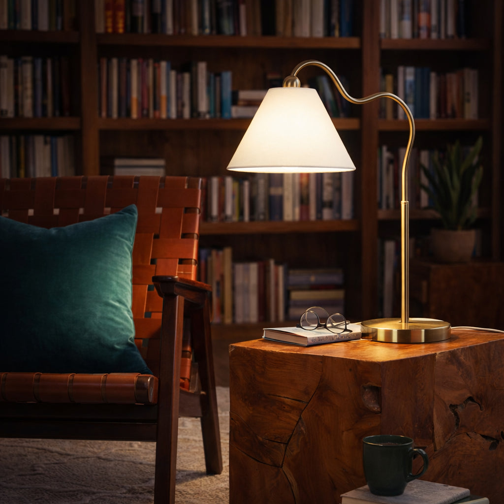 Ornate Brass Ring Base Curved Table Lamp With Triangle White Drum Shade, Gold, Metal, 18.25 X 9.50 X 22.00 Inches