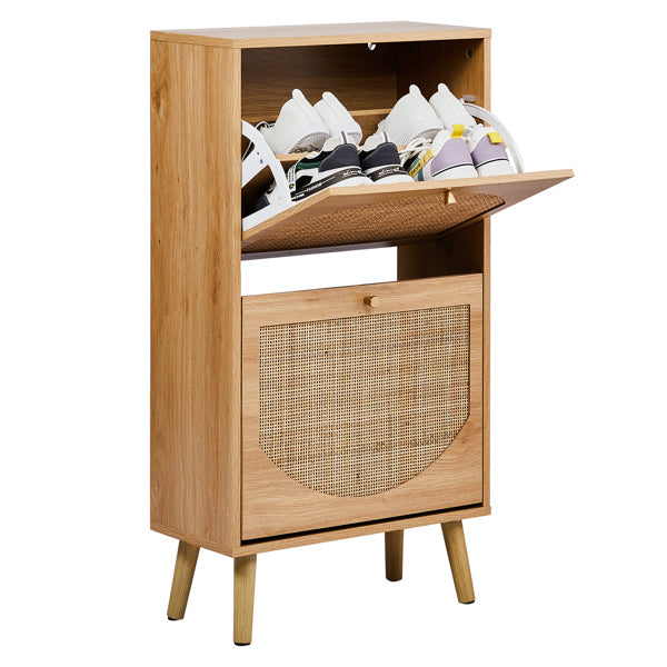 2-Tilt Shoe Cabinet With Arched Rattan Surface, MDF With Triamine, 54x24x98cm, Natural Wood Color