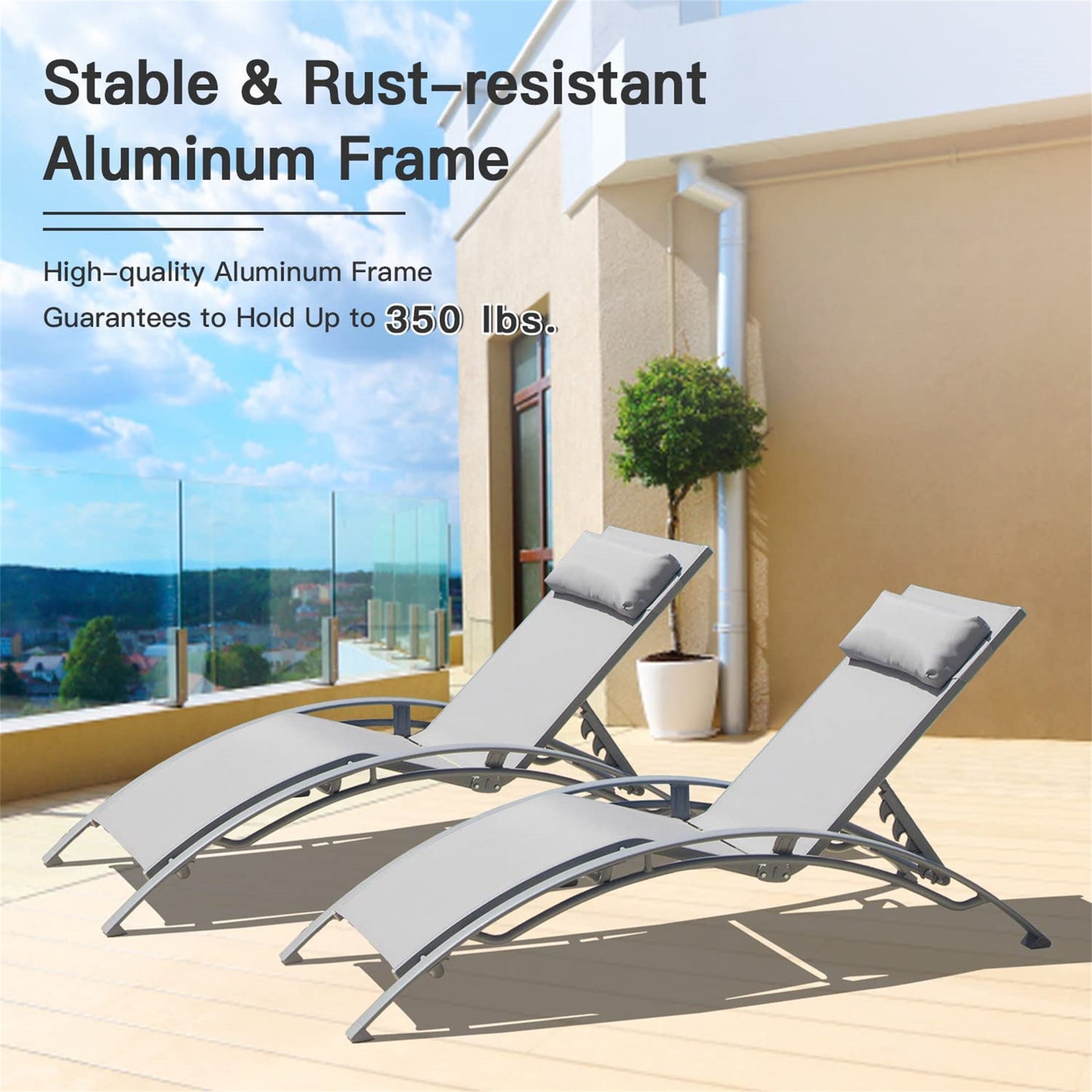 Outdoor Chaise Lounge Set Of 2 Patio Recliner Chairs With Adjustable Backrest And Removable Pillow For Indoor&Outdoor Beach Pool Sunbathing Lawn  Gray, 2 Lounge  Chairs