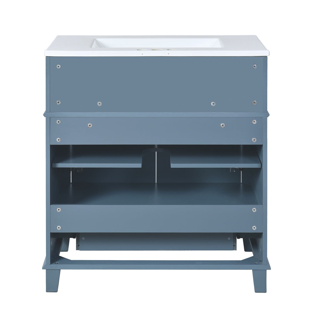 30'' Bathroom Vanity With Ceramic Sink,Solid Wood Frame Bathroom Storage Cabinet With Soft Closing Doors, Retro Style, Blue