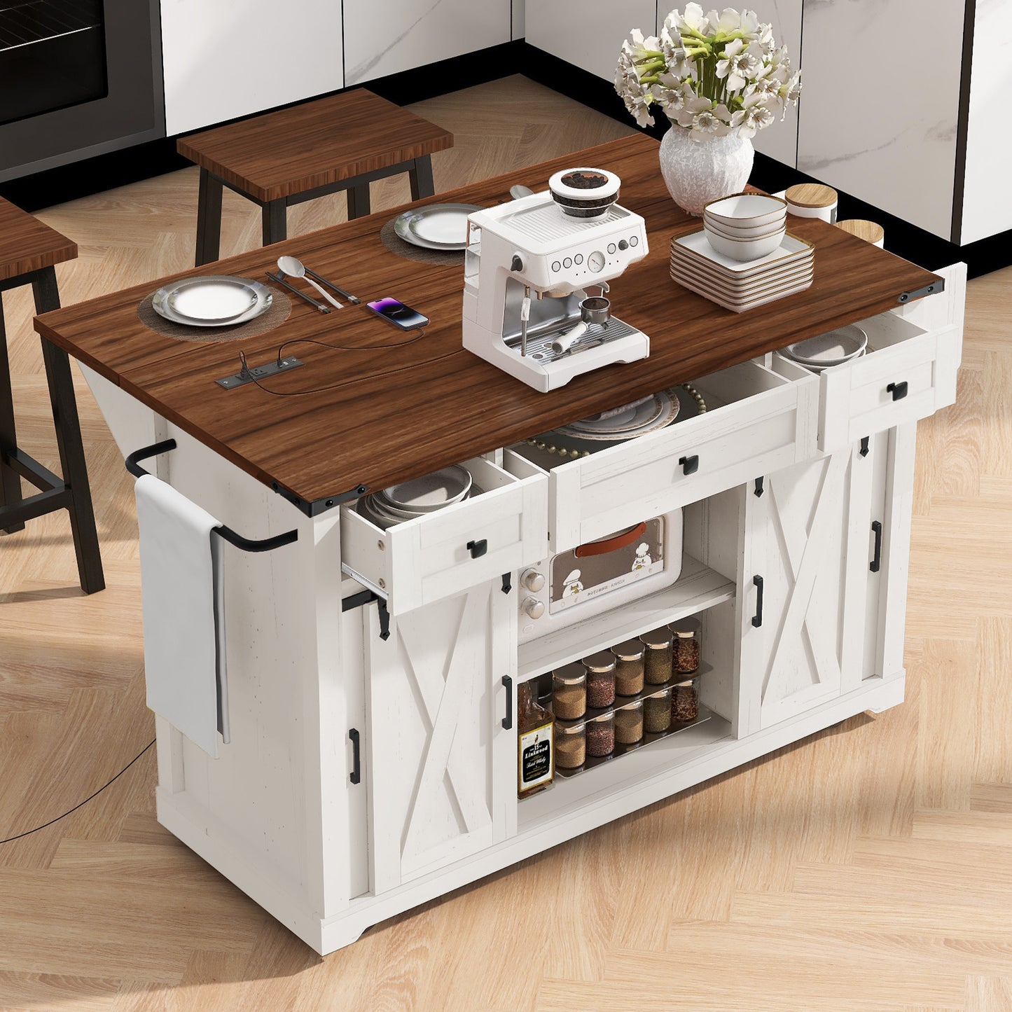 K&K 58 Farmhouse Kitchen Island With Storage,Sliding Barn Door & Metal Grid Side Door,Rolling Kitchen Island On 5 Wheels With Spice Rack,Glass Holders,Island Table With Drop Leaf For Kitchen,White