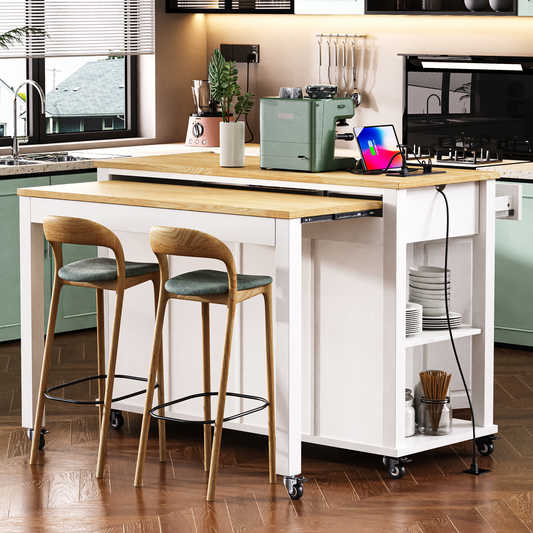 K&K 47 Inch Kitchen Island With Extendable Dining Table, Rubber Wood Veneer Kitchen Table With Internal Storage Rack, Power Outlet, Kitchen Island With Storage 2 Drawers 2 Cabinet,White