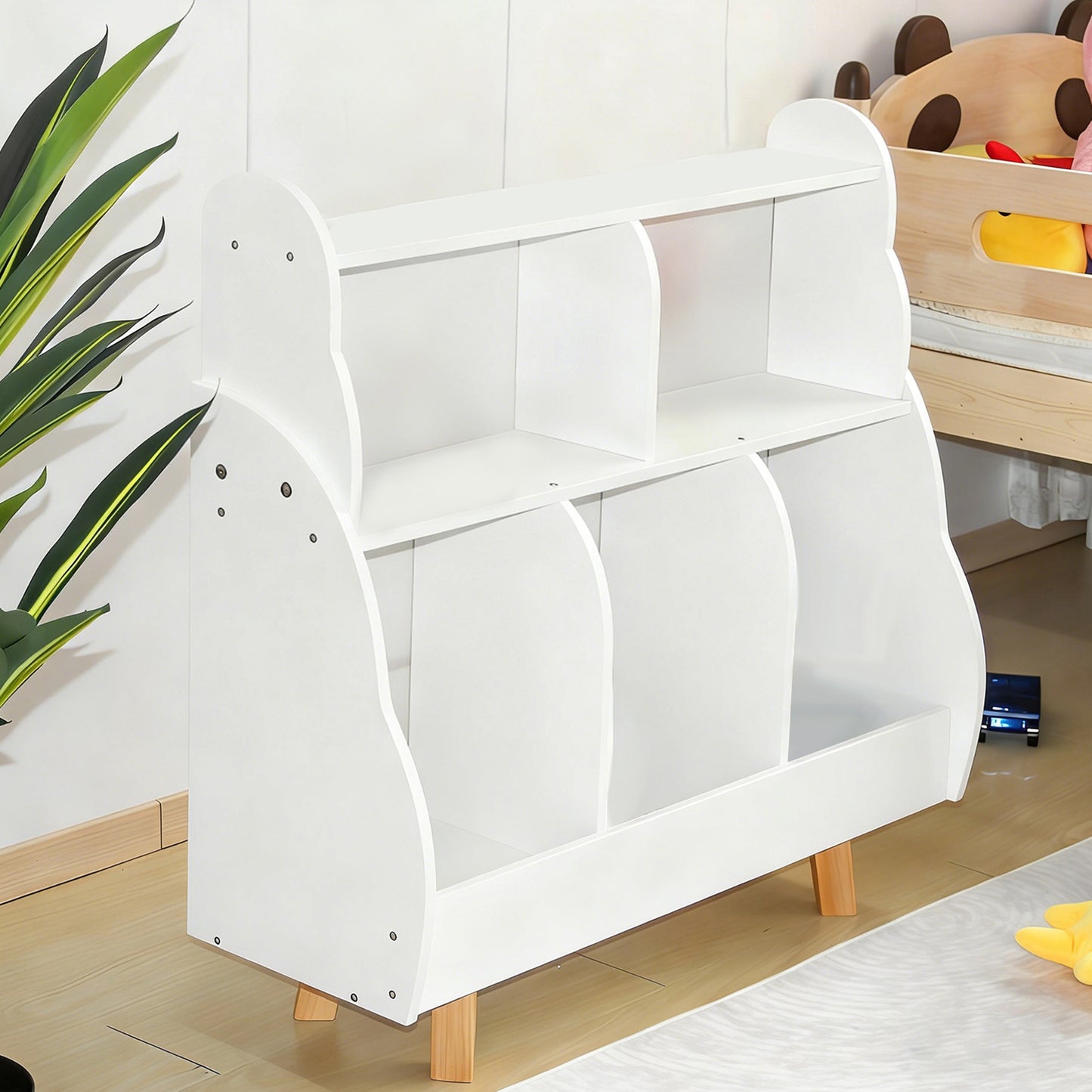 3 Tier Kids Bookshelf Toy Storage Organizer Toddler Bookcase With 5 Open Storage Boxes Curved Design Solid Wood Legs For Nursery Living Room Playroom White