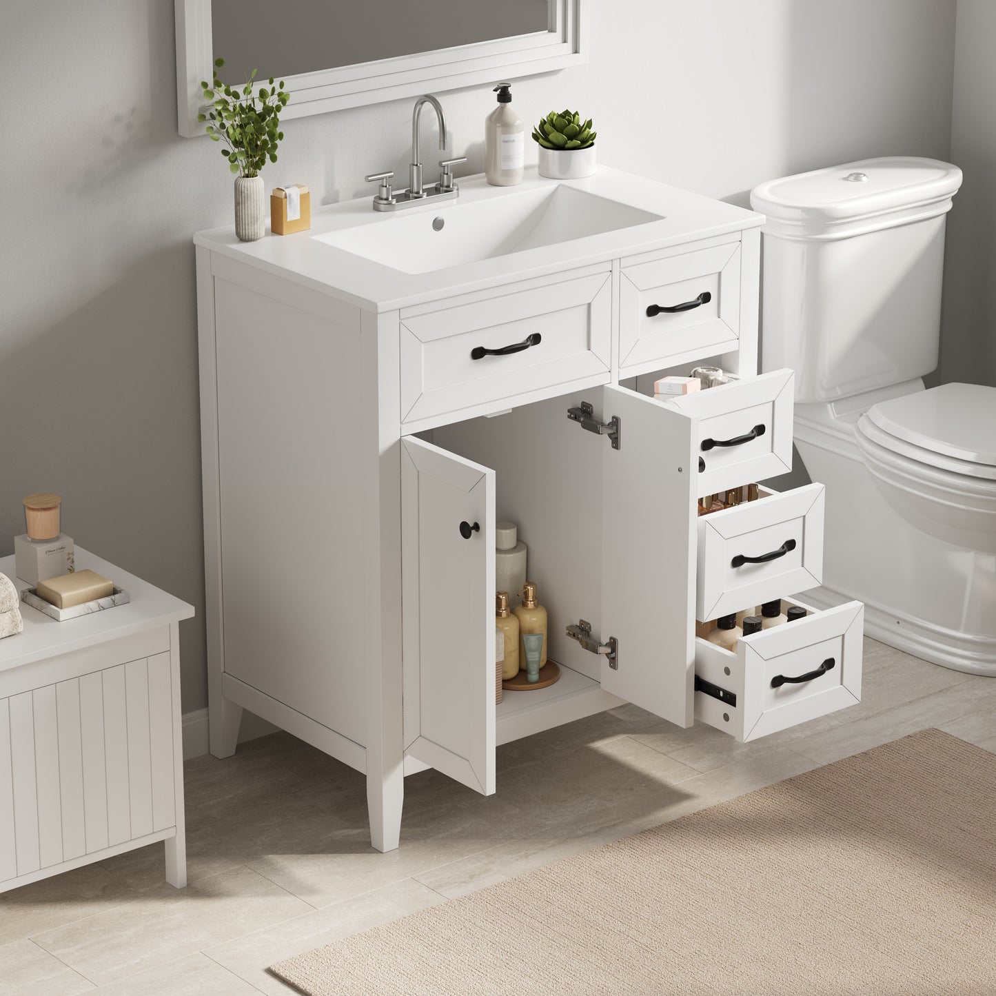 30  White Bathroom Vanity With Ceramic Sink, Freestanding Vanity With Black Metal Handles, Solid Wood Legs, Soft-Close Doors & Drawers, Ample Storage  Other Size  N725P246491K