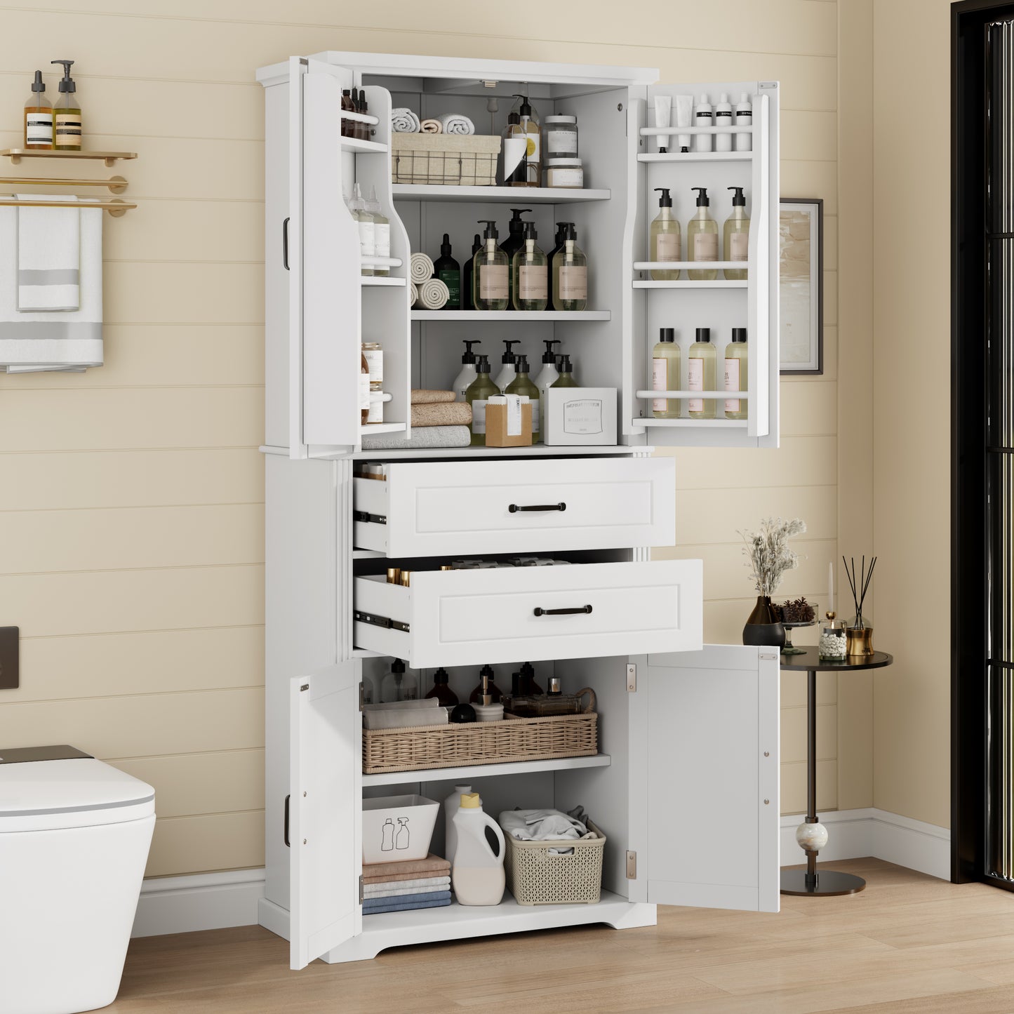 Video Storage Cabinet With Multi-Functional Storage Space, Doors With Storage Shelves, 2 Drawers, Adjustable Shelf, White  Same Sku N759P293426K