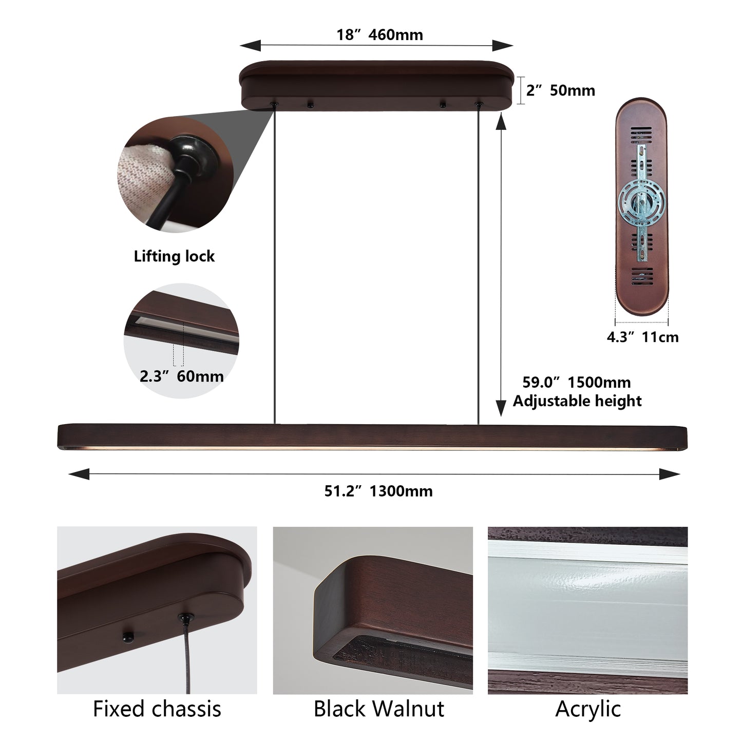 51-inch Walnut Wood Modern LED Pendant Light, Adjustable Hanging Light For Dining Room, Kitchen, Living Room  Sleek Walnut Color Finish