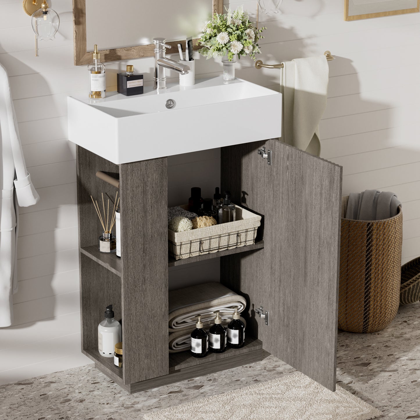 21.6 Bathroom Vanity With Ceramic Sink, Freestanding Modern Right Door Wood Grain Cabinet With Open And Closed Storage For Small Bathrooms