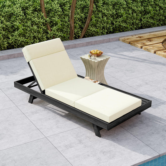 Lounge Chaise Set With Headrest, Space Available On One Side, Acacia Wood In Black With Water-Resistant Lounge Cushions  Beige & 3-Fold & 4 Inch  -Matching Dark Grey Cream Version Available