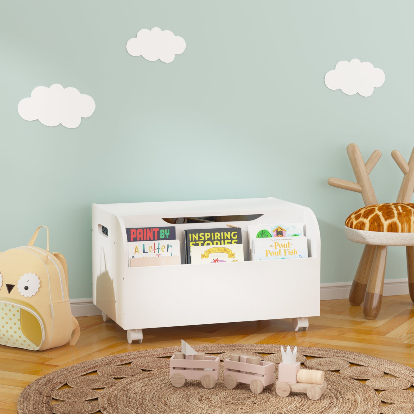 Wooden Toy Box With 4 Universal Wheels, Kids Toy Storage Organizer With Front Bookshelf, Flip-Top Lid, Safety Hinge, Boys Girls Toy Chest Bench For Playroom Kids Room Organization White