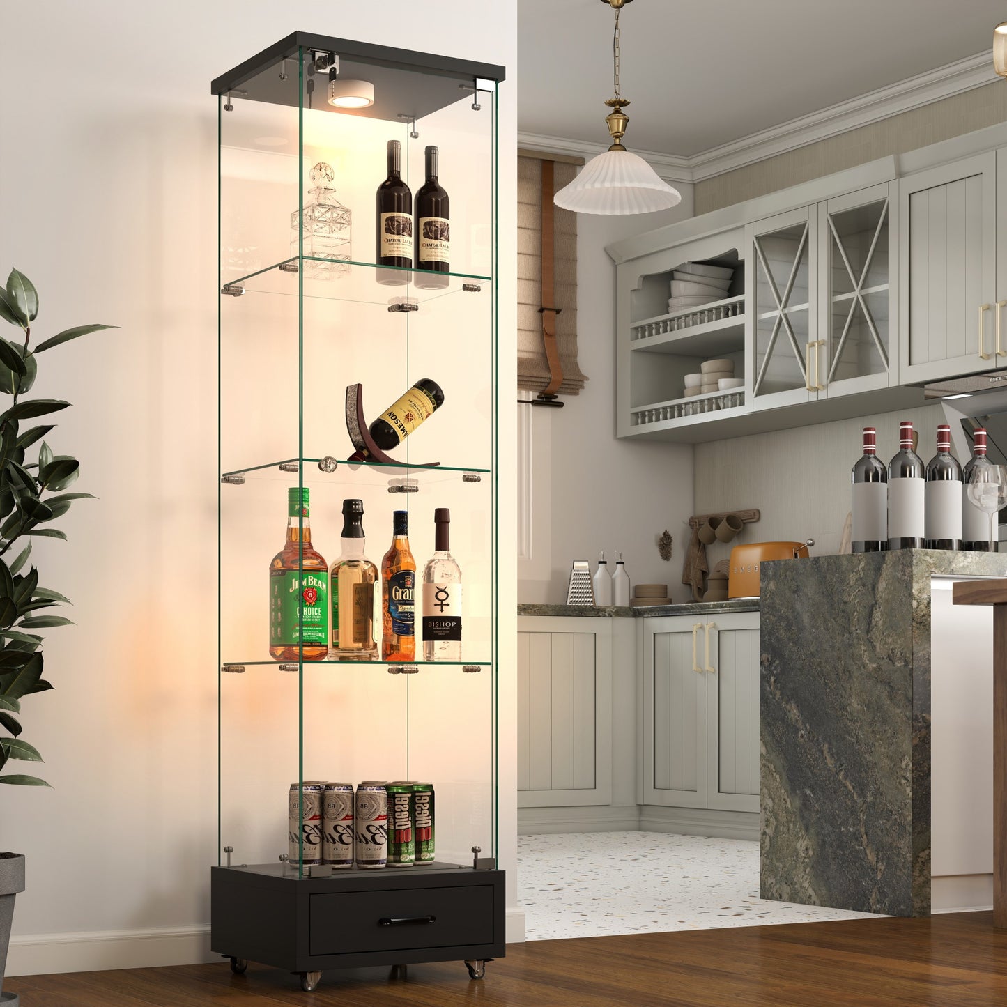 Modern Glass Display Cabinet With Drawer , Quick-assembly Antique Cabinet With LED Lights, Tempered Glass Bookshelf,  1-Door Storage Case With 4 Shelves  For Living Room And Bedroom, Black