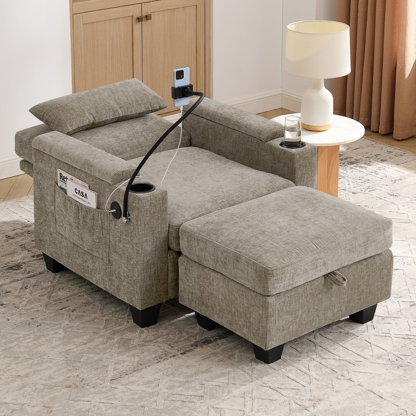 Single Sofa Recliner With Manually Adjustable Backrest, USB Charging Port On The Armrest Side, Phone Stand Included, Hidden Armrest Storage, And A Matching Storage Ottoman-Brown