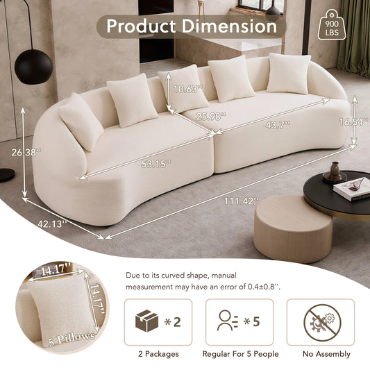 Curved Boneless Sofa Compression Modular 110'' Sectional White High-Density Couches Sleeper For Living Room Bedroom Apartment Lounge Chenille