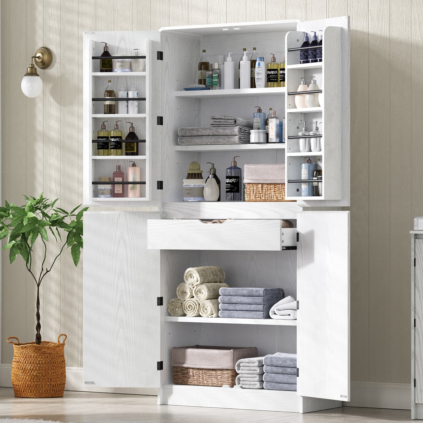K&K 72  Tall Farmhouse Kitchen Pantry Cabinet With 8 Door Shelves, Curved Design Storage Cabinet With 3 Adjustable Shelves, Hidden Drawer, Versatile Cupboard For Kitchen, Dining & Bathroom, White