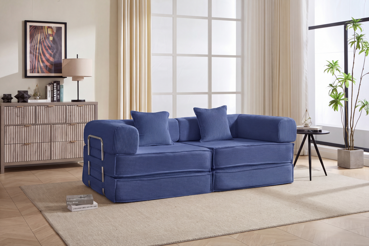 78  Convertible Sofa Bed, Modular Corduroy Couch With 2 Pillows, Space-Saving Compressed Floor Sofa, Ideal For Living Room, Bedroom, Apartment,Navy-Blue.