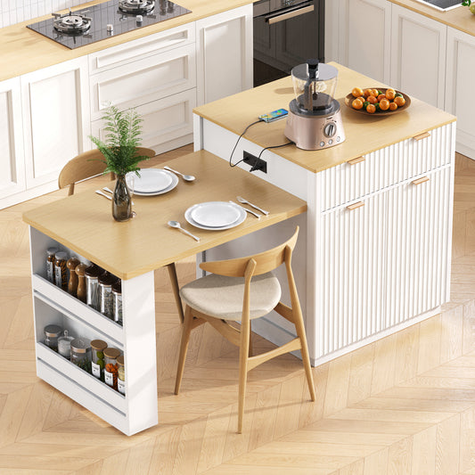 K&K 82.6  Fluted Kitchen Island With Extendable Dining Table For 4 6, Island Table For Kitchen With Power Outlet, Kitchen Table With Double Side Storage, 2 Drawers 2 Side Open Shelves, White
