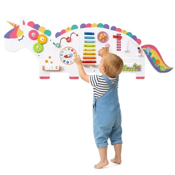 11-in-1 Dinosaur Activity Wall Busy Board Panels-- Wooden Sensory Toy-White