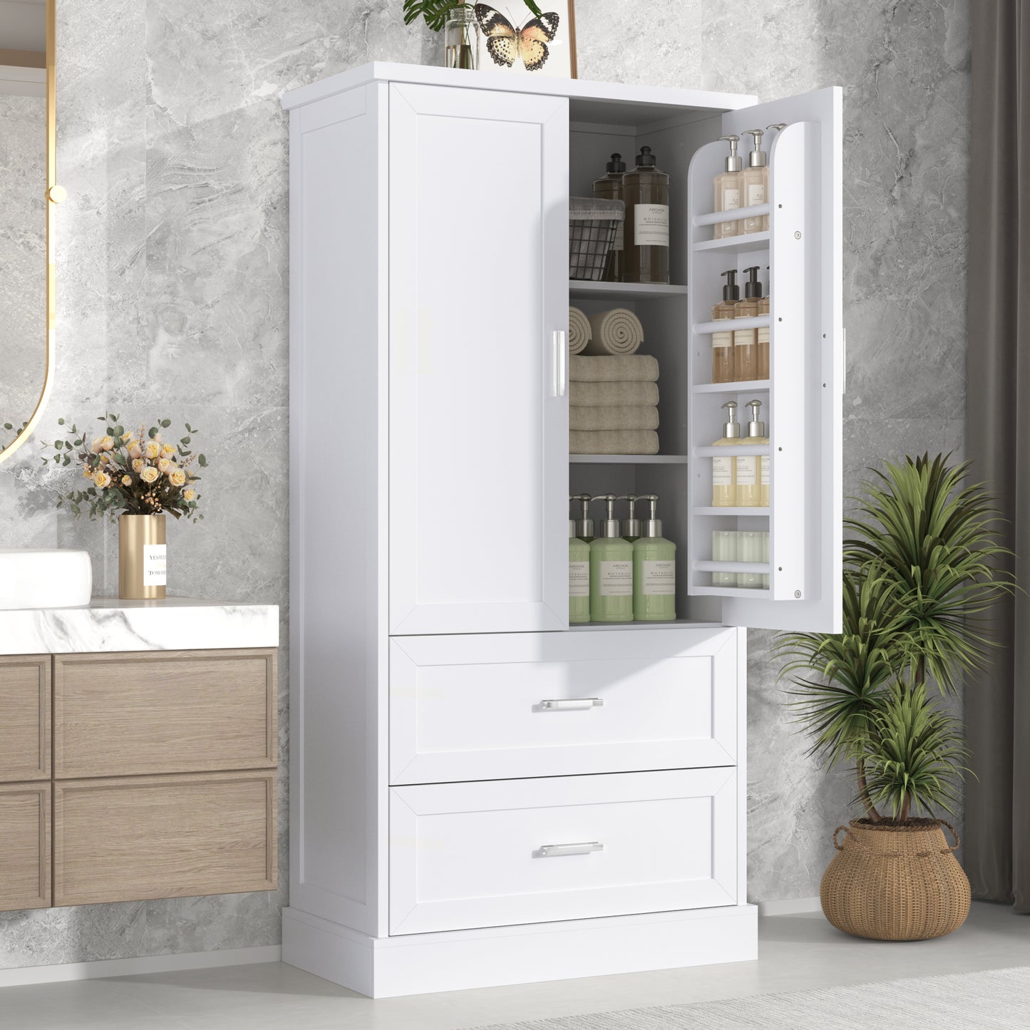 Tall Bathroom Storage Cabinet, Cabinet With Two Doors And Drawers, Adjustable Shelf, MDF Board, White, Two Packages Old SKU N725P178675K